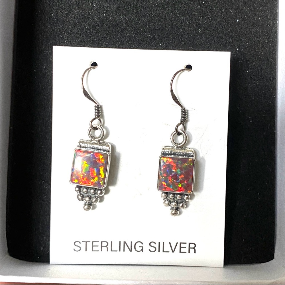 Fire Opal Square Stone and Sterling Silver drop Earrings